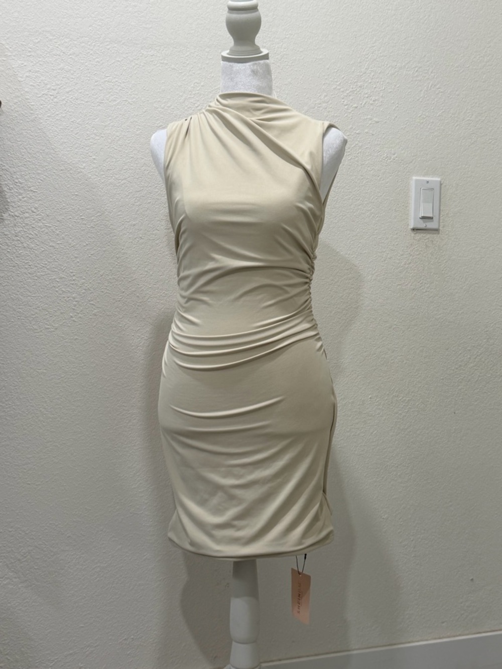 SHEIN Beige Sleeveless Ruched Mini Dress